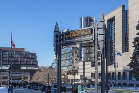 Photo for TORONTO, CANADA - JANUARY 1, 2017: Sign of North York Civic Centre and Mel Lastman Square on January 1, 2017. The square is named for former Toronto mayor Mel Lastman. - Royalty Free Image