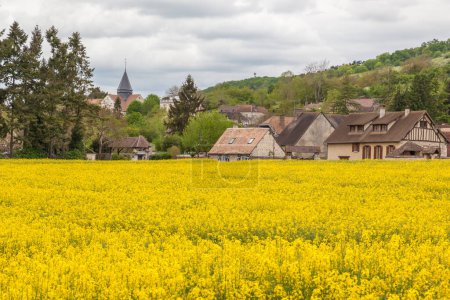 Photo for Giverny, France - MAY 9, 2016: Canola field with village Giverny in background at Giverny, France, Giverny is a village west of Paris. It's known as the place where painter Claude Monet lived. - Royalty Free Image