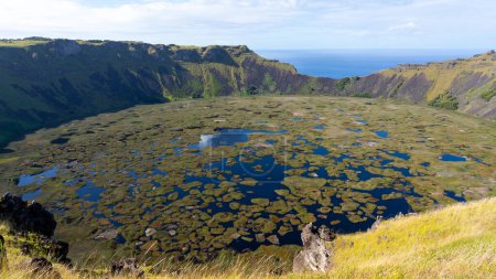 Photo for View of Crater lake of Rano Kau on Easter Island (Rapa Nui) in Chile. - Royalty Free Image