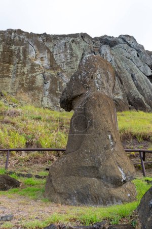 Téléchargez les photos : Île de Pâques, Chili - 28 février 2023 : Moai se dirige sur la pente de Rano Raraku sur l'île de Pâques - en image libre de droit
