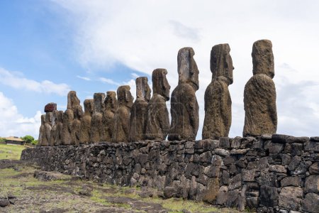 Photo for Easter Island, Chile - February 28, 2023: Moai heads on the slope of Rano Raraku on Easter Island - Royalty Free Image