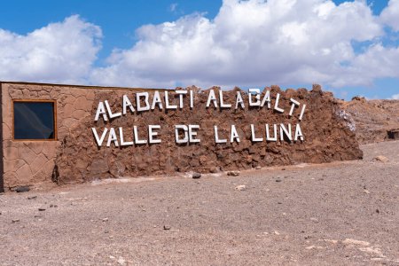 Photo for Valley of the Moon sign is seen. San Pedro de Atacama, Antofagasta, Chile - February 16, 2023. Valley of the Moon (Valle de la Luna) is a valley in Los Flamencos National Reserve. - Royalty Free Image