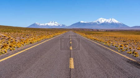 A long straight road with yellow lines leading towards mountains that crosses the Atacama desert in Chile on a dark cloudy day. 