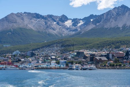 Photo for City view of Ushuaia from the sea in Tierra del Fuego province, Argentina - January 28, 2023. Ushuaia is a resort town in Argentina, nicknamed the End of the World. - Royalty Free Image
