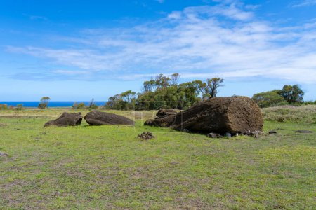 Téléchargez les photos : Île de Pâques, Chili - 4 mars 2023 : Statues Moai face cachée à Ahu Akahanga, île de Pâques, Chili. - en image libre de droit