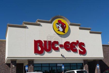 Photo for Houston, Texas, USA - February 14, 2022: Closeup of Buc-ee's sign on the building with blue sky in background. Buc-ee's is a chain of travel centers. - Royalty Free Image