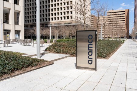 Photo for Houston, Texas, USA - March 13, 2022: Aramco ground sign outside its office in Houston, Texas, USA. Saudi Aramco is the world's largest oil producer. - Royalty Free Image