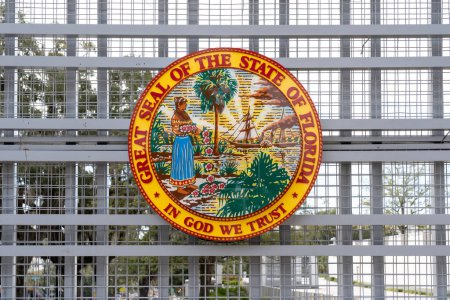 Photo for Tallahassee, FL, USA - February 11, 2022: Great Seal of the State of Florida is shown at the Capitol building in Tallahassee, FL. This Seal is used to represent the government of the state of Florida - Royalty Free Image