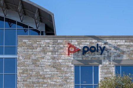 Photo for Austin, Texas, USA - March 18, 2022: Closeup of Poly logo sign on the building in Austin. Poly is a developer and manufacturer of voice, video, content collaboration, and communication technology. - Royalty Free Image