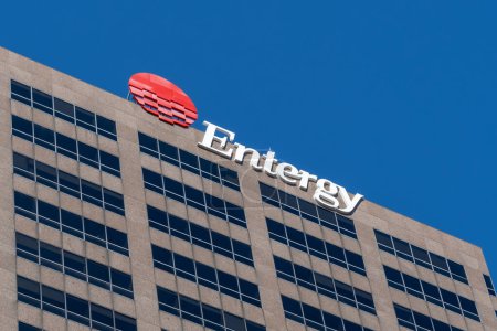 Photo for New Orleans, Louisiana, USA - February 12, 2022: Entergy sign at their headquarters in New Orleans, Louisiana, USA. Entergy Corporation is a Fortune 500 integrated energy company. - Royalty Free Image