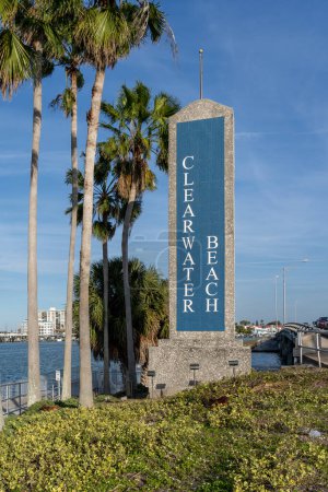 Photo for Clearwater, FL, USA - January 8, 2022: Clearwater Beach sign is shown in Clearwater, FL, USA. Clearwater Beach includes a resort area and a residential area on a barrier island in the Gulf of Mexico. - Royalty Free Image