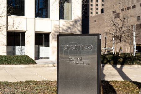 Photo for Houston, Texas, USA - February 27, 2022: Aramco sign on the building at its office in Houston, Texas, USA. Saudi Aramco is the world's largest oil producer. - Royalty Free Image