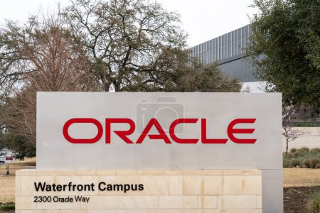 Photo for Austin, Texas, USA - March 17, 2022: Oracle sign at its headquarters in Austin, Texas, USA. Oracle Corporation is an American multinational computer technology corporation. - Royalty Free Image