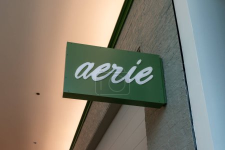 Photo for Houston, Texas, USA - March 3, 2022: aerie projecting sign in a shopping mall in Houston, Texas, USA. aerie is an apparel and lifestyle retailer and sub-brand owned by American Eagle Outfitters. - Royalty Free Image