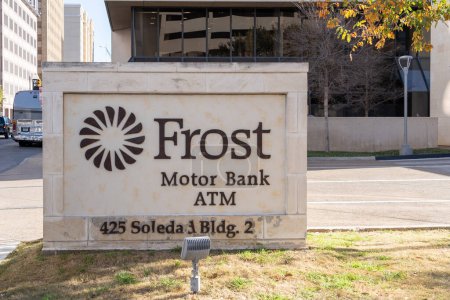 Photo for San Antonio, TX, USA - March 16, 2022: The Frost Motor Bank sign at its office in Downtown San Antonio, TX, USA. Frost Bank is a Texas-chartered bank. - Royalty Free Image