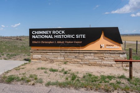 Photo for The entrance sign for Chimney Rock National Historic Site Ethel and Christopher J. Abbott Visitor Center in Morrill County in western Nebraska, USA - May 8, 2023. - Royalty Free Image