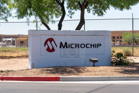 Photo for Microchip sign outside the company's headquarters in Chandler, Arizona, United States, May 26, 2023. Microchip Technology Inc. is a publicly listed American corporation. - Royalty Free Image