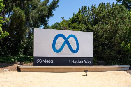 Photo for Meta logo is seen outside the Meta Platform Inc.'s headquarters campus in Menlo Park, California, USA - June 8, 2023. Meta Platforms, Inc., is an American multinational technology conglomerate. - Royalty Free Image