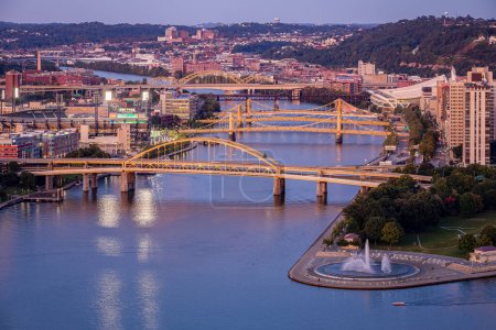 Photo for Cityscape of Pittsburgh and Evening Light. Fort Duquesne Bridge in Background. - Royalty Free Image