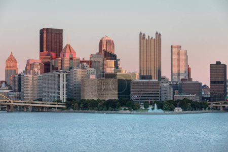 Photo for Cityscape of Pittsburgh, Pennsylvania. Allegheny and Monongahela Rivers in Background. Ohio River. Pittsburgh Downtown With Skyscrapers and Beautiful Sky. Postcard View. - Royalty Free Image