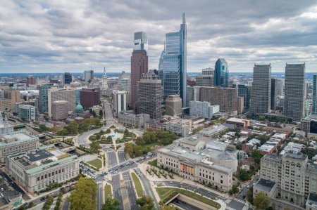 Photo for Top View of Downtown Skyline Philadelphia USA and City Hall. Skyline of Philadelphia City Center, Pennsylvania. Business Financial District and Skyscrapers in Background. Drone Point of View. - Royalty Free Image