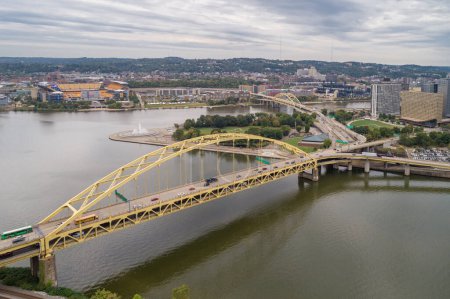 Photo for Fort Pitt Bridge in Pittsburgh, Pennsylvania. Monongahela river and Cityscape in Background - Royalty Free Image