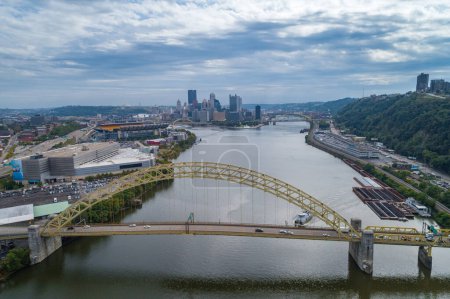 Photo for West End Bridge in Pittsburgh, Pennsylvania. Beautiful Cityscape, Skyline in Background. Cloudy Blue Sky - Royalty Free Image