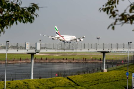 Photo for Emirates Airlines Airbus A380 A6-EDU landing in London Heathrow International Airport. - Royalty Free Image