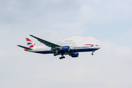 Photo for British Airways Airlines Boeing 777 G-VIIJ landing in London Heathrow International Airport. - Royalty Free Image