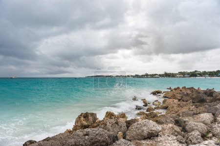 Photo for Miami Beach Landscape with Ocean Waves and Water Splash in Barbados - Royalty Free Image