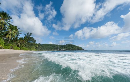 Foto de Playa en Seychelles. Playa de arena y olas del océano - Imagen libre de derechos