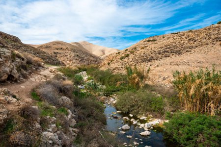 Photo for Prat River in Israel. Wadi Qelt valley in the West Bank, originating near Jerusalem and running into the Jordan River near Jericho and the Dead Sea. Nahal Prat, in Judaean Desert. - Royalty Free Image