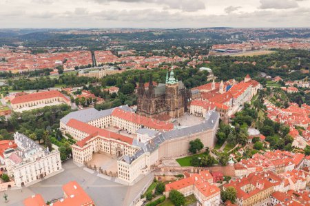 Photo for Prague Old Town with St. Vitus Cathedral and Prague castle complex with buildings revealing architecture from Roman style to Gothic 20th century. Prague, capital city of the Czech Republic. Drone - Royalty Free Image