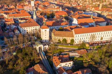 Photo for Funicular and medieval Lotrscak tower in Zagreb, Croatia. Upper Town of Zagreb in Background - Royalty Free Image