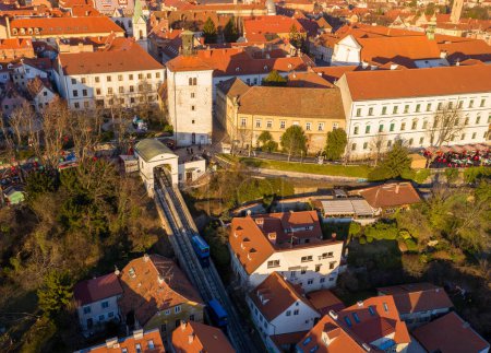 Photo for Funicular and medieval Lotrscak tower in Zagreb, Croatia. Upper Town of Zagreb in Background - Royalty Free Image