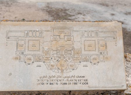 Téléchargez les photos : Map of The Baths of Antoninus or Baths of Carthage in Tunis, Tunisia. These are the vastest set of Roman Thermae built on the African continent and one of three largest built in the Roman Empire. - en image libre de droit