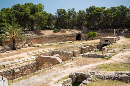 Téléchargez les photos : Carthage amphitheatre in Tunisia. Roman amphitheatre constructed in the first century CE in the city of Carthage, Tunisia. - en image libre de droit