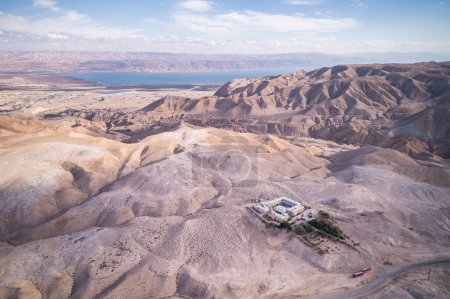 Photo for Israel. Nabi Musa site and mosque at Judean desert, Israel. Tomb of Prophet Moses. Drone Point of View. - Royalty Free Image