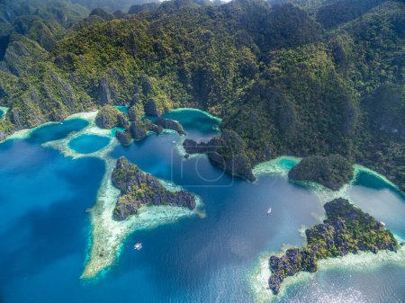 Foto de Twin Lagoon en Coron, Palawan, Filipinas. Montaña y mar. Lonely Boat. Tour A. Drone - Imagen libre de derechos