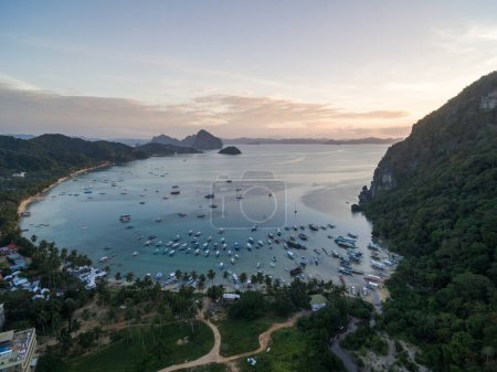 Photo for El Nido Landscape and Nature. Seascape with Boats in Background. Palawan, Philippines. Drone Point of View - Royalty Free Image