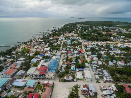 Caye Caulker Island in Belize, Caribbean Sea. Drone Point of View
