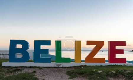 Foto de Colorful Belize name with Caribbean Sea in Background. Caribbean Island - Imagen libre de derechos