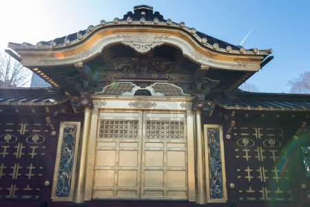 Téléchargez les photos : Porte du sanctuaire Ueno Toshogu et éclat de la lentille solaire. Lumière directe du soleil. Tokyo, Japon. - en image libre de droit