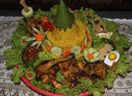 tumpeng, dish, meal menu, food in large containers, grilled chicken