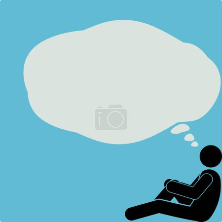 Illustration for Man sitting with empty speech bubble on blue background, vector illustration - Royalty Free Image