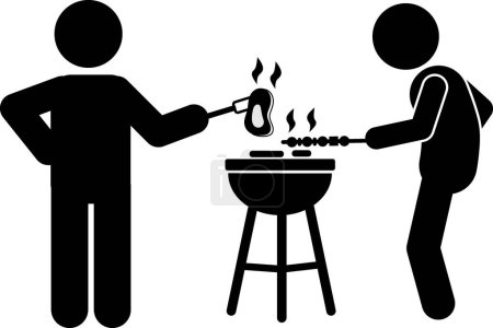 Illustration for Flat design vector illustration, stick man stick figure Grill, Smoke, Marinade, Charcoal, Flavor, Barbecue Sauce, Grilling Techniques, Meat, BBQ Pit, Wood Chips, Rubs, BBQ Seasoning, Low and Slow, Smoked Meats, Sear, Basting, BBQ Tools - Royalty Free Image