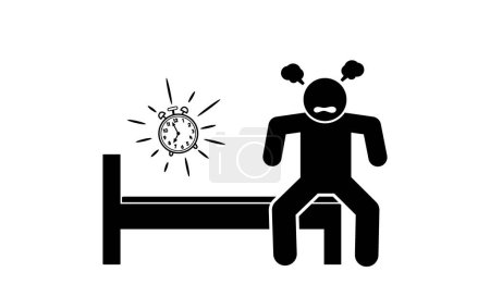 Ilustración de Figura palo ilustración vector de dibujos animados frustrado, infeliz, incapaz de dormir debido al insomnio - Imagen libre de derechos