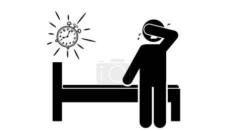 Illustration for Stick figure cartoon vector illustration frustrated, unhappy, unable to sleep due to insomnia - Royalty Free Image