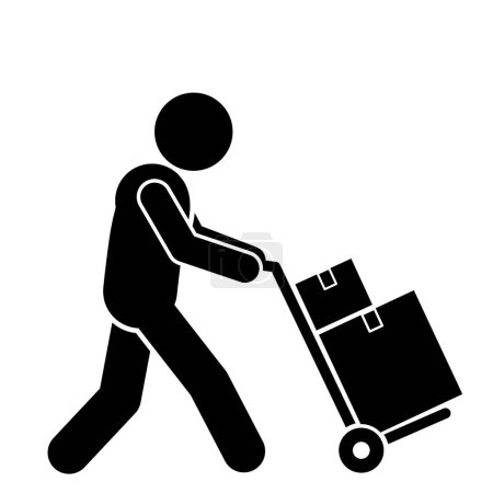 ilustración vectorial de palo hombre, figura de palo, pictograma transporte de mercancías con un camión de mano, en movimiento