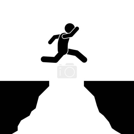 Ilustración de Ilustración vectorial del hombre palo, figura palo y pictograma saltando sobre un acantilado, avanzando, nunca darse por vencido - Imagen libre de derechos